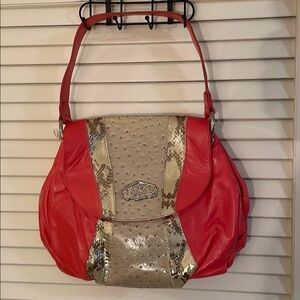 🎄Host Pick🎄 Chi by Falchi Rich Coral Leather Animal Print Tan Shoulder Bag New